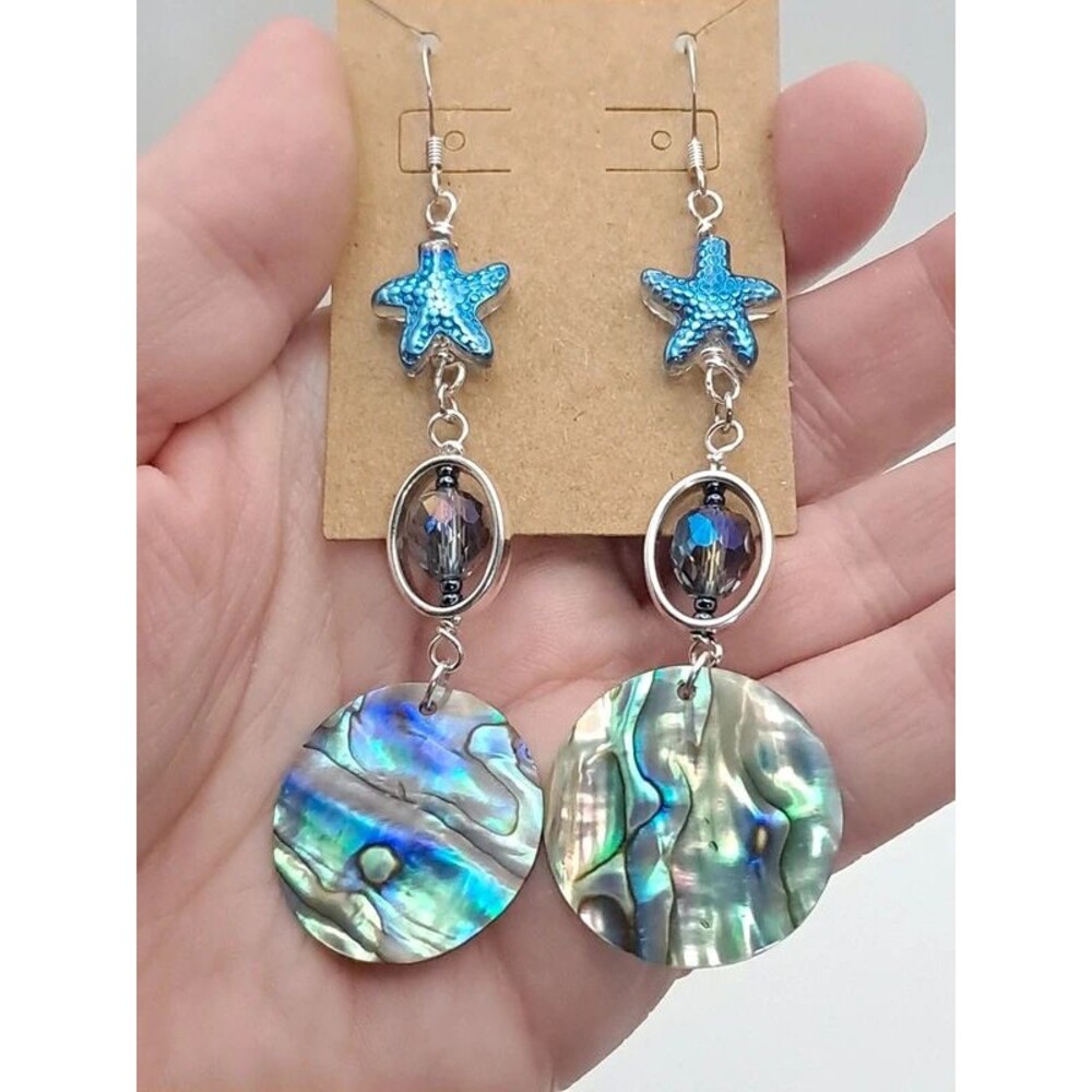 Sterling Abalone Shell Starfish Beaded Dangle Earrings